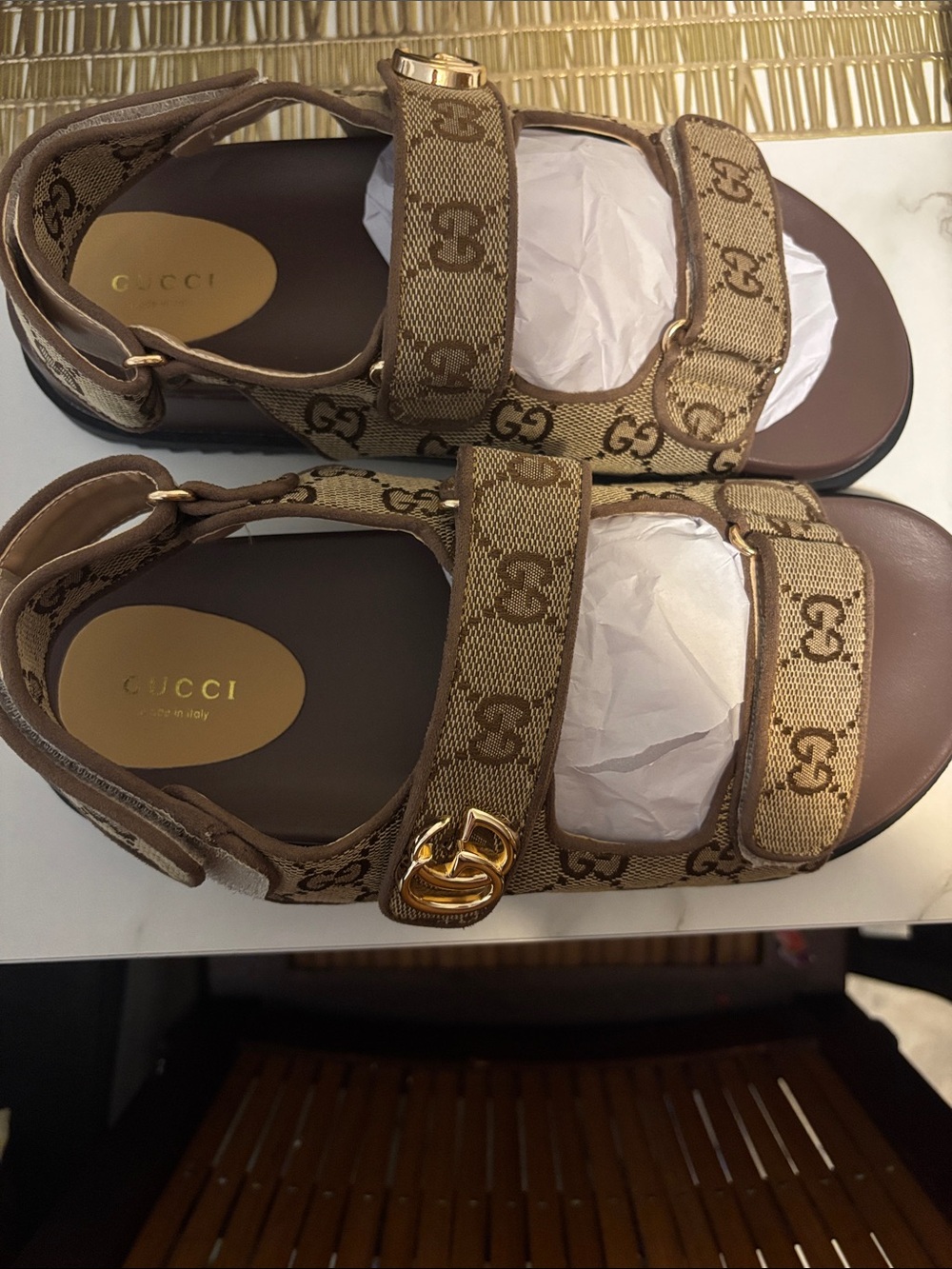 Gucci Beige Brown GG Canvas Logo Strap Sandals with Gold Hardware - Picture 2 of 6